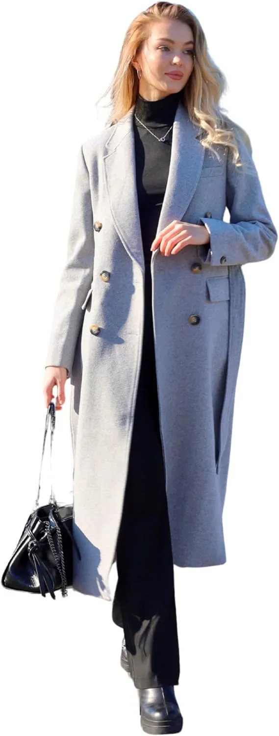 HUSN Women's Wool Long Overcoat Double Breasted Classic Spring Autumn Winter Coat with Back Vent Inner Pockets Professional