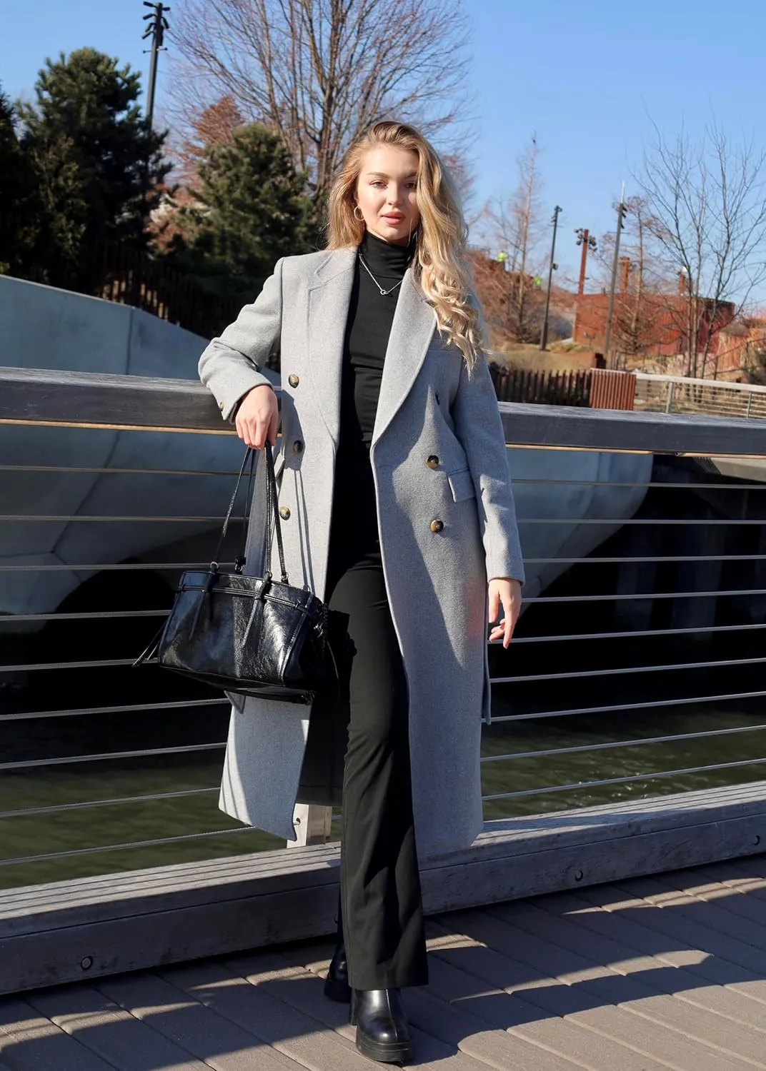 HUSN Women's Wool Long Overcoat Double Breasted Classic Spring Autumn Winter Coat with Back Vent Inner Pockets Professional