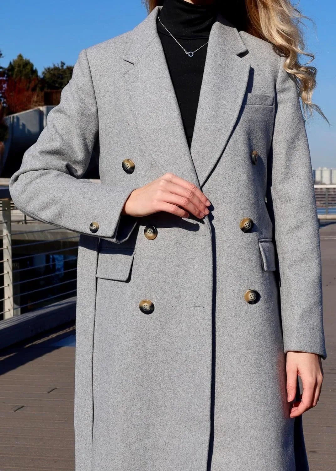 HUSN Women's Wool Long Overcoat Double Breasted Classic Spring Autumn Winter Coat with Back Vent Inner Pockets Professional