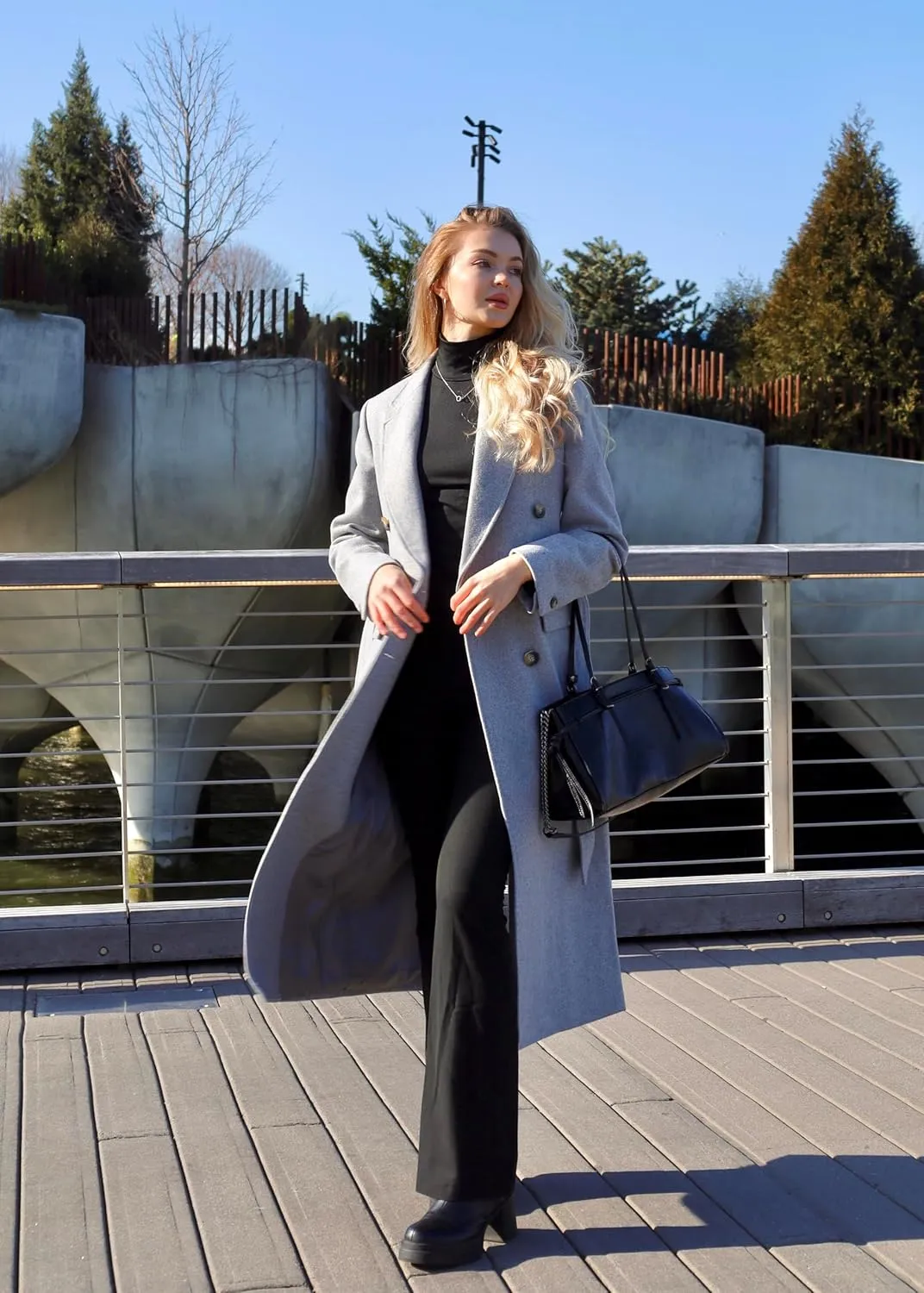 HUSN Women's Wool Long Overcoat Double Breasted Classic Spring Autumn Winter Coat with Back Vent Inner Pockets Professional