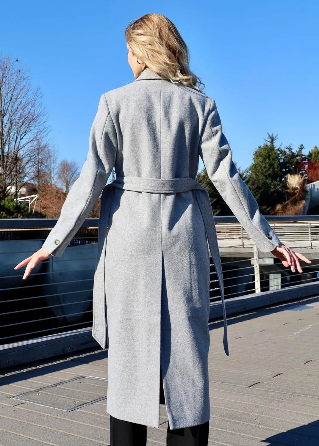 HUSN Women's Wool Long Overcoat Double Breasted Classic Spring Autumn Winter Coat with Back Vent Inner Pockets Professional