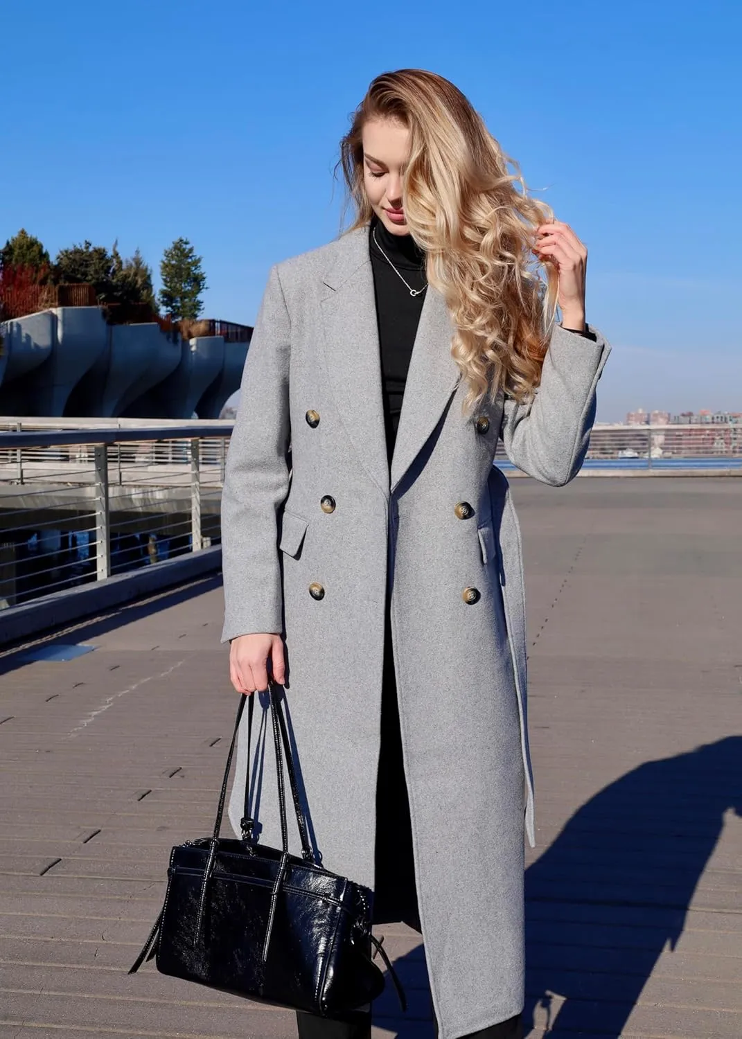 HUSN Women's Wool Long Overcoat Double Breasted Classic Spring Autumn Winter Coat with Back Vent Inner Pockets Professional