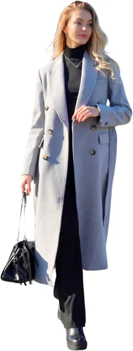 HUSN Women's Wool Long Overcoat Double Breasted Classic Spring Autumn Winter Coat with Back Vent Inner Pockets Professional