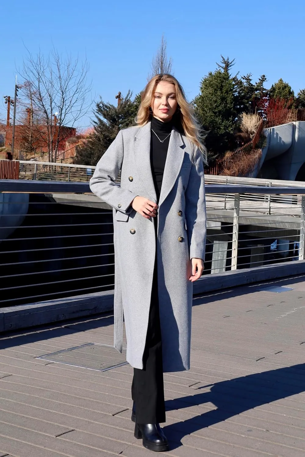 HUSN Women's Wool Long Overcoat Double Breasted Classic Spring Autumn Winter Coat with Back Vent Inner Pockets Professional