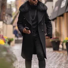 JEsilunmaMY Mens Fur Collar Wool Blend Overcoat Double Breasted Winter Long Trench Coat Classic Slim Warm Business Pea Jacket