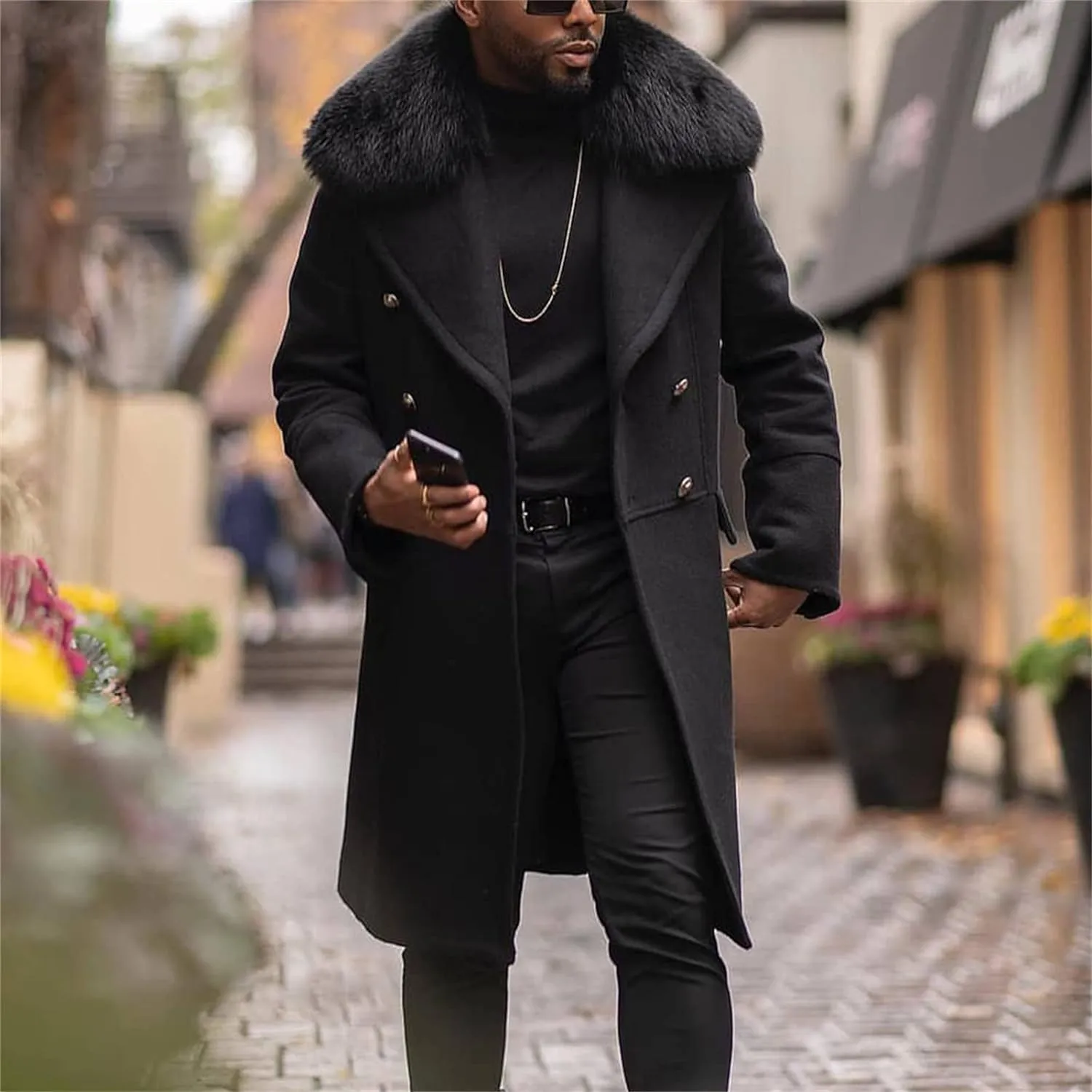 JEsilunmaMY Mens Fur Collar Wool Blend Overcoat Double Breasted Winter Long Trench Coat Classic Slim Warm Business Pea Jacket