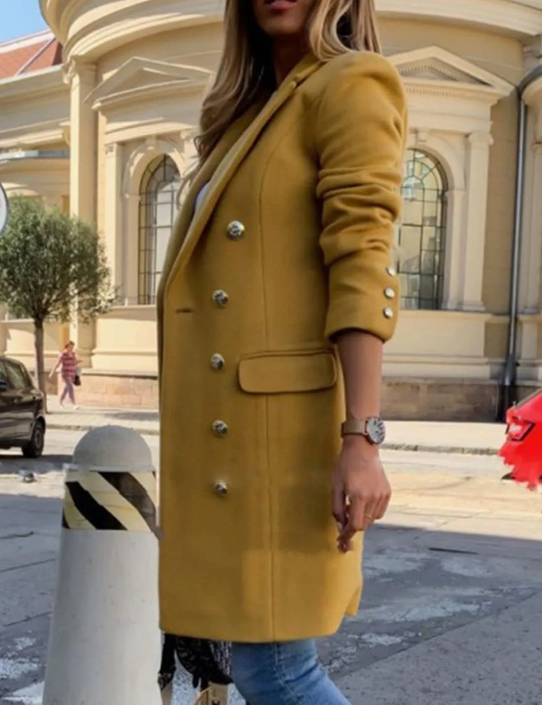 Kwoki Women Notched Collar Double Breasted Peacoat Elegant Wool Blend Button Lapel Outwear Trench Coat