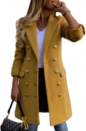 Kwoki Women Notched Collar Double Breasted Peacoat Elegant Wool Blend Button Lapel Outwear Trench Coat