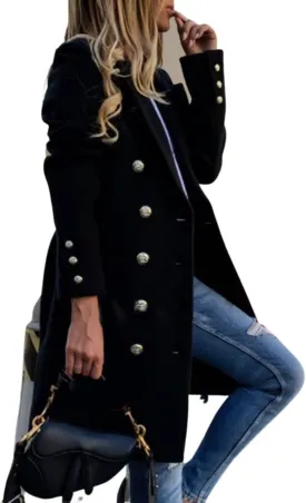 Kwoki Women Notched Collar Double Breasted Peacoat Elegant Wool Blend Button Lapel Outwear Trench Coat