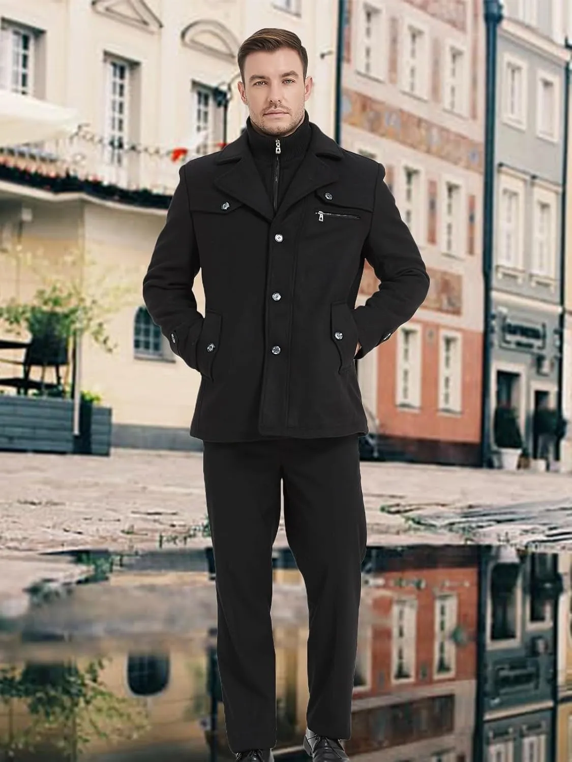 Litteking Men's Winter Pea Coat Casual Woolen Trench Coat Single Breasted Short Wool Jacket