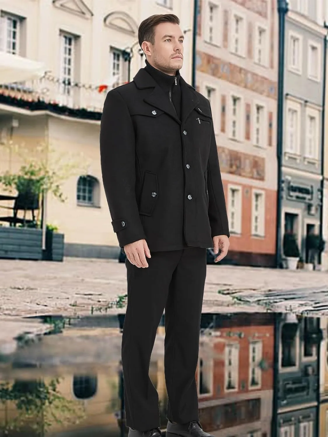 Litteking Men's Winter Pea Coat Casual Woolen Trench Coat Single Breasted Short Wool Jacket