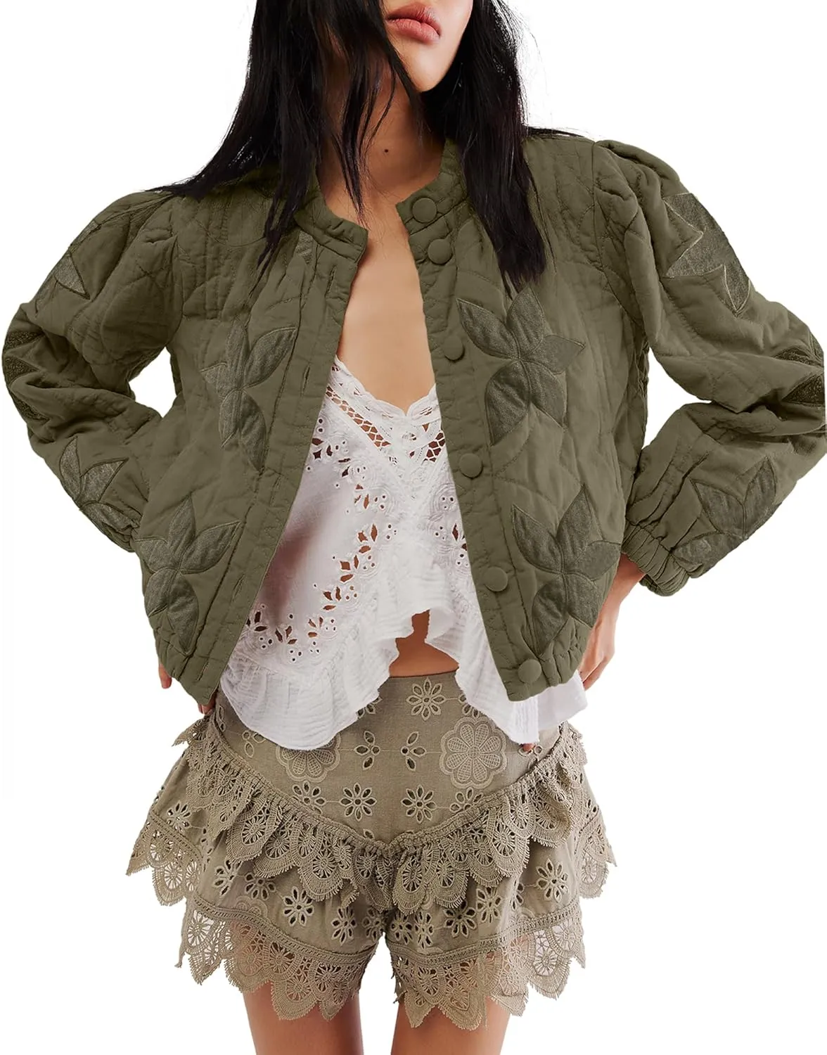 Locachy Women's Casual Cropped Puffer Jacket Lightweight Flower Embroidery Winter Warm Quilted Jacket Coat with Pockets