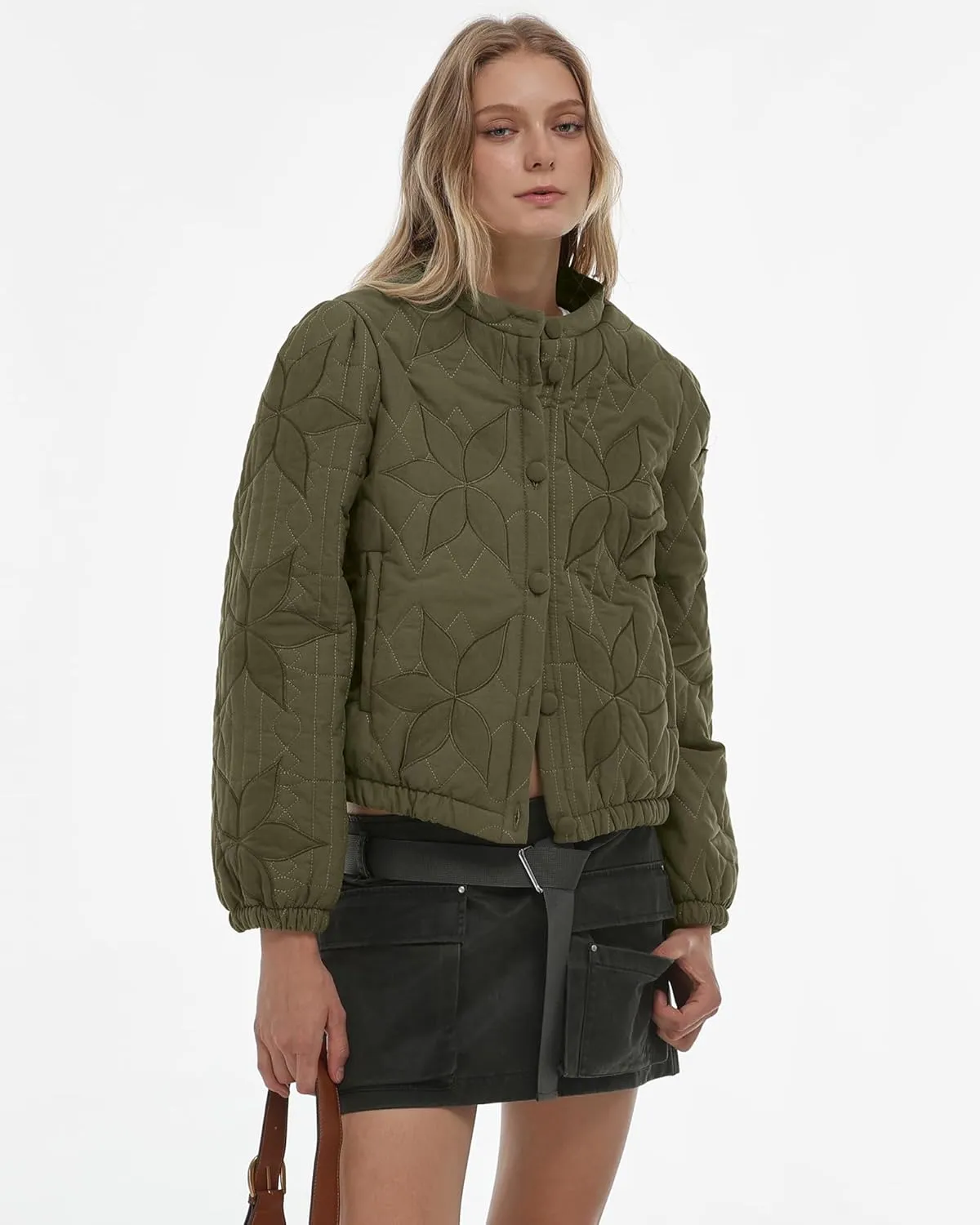 Locachy Women's Casual Cropped Puffer Jacket Lightweight Flower Embroidery Winter Warm Quilted Jacket Coat with Pockets