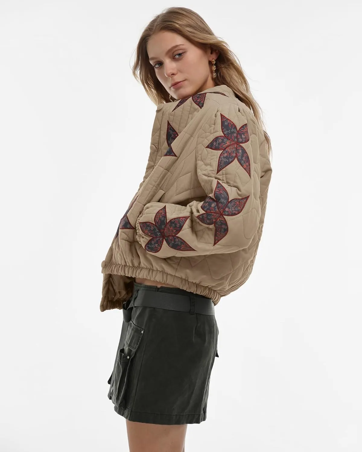 Locachy Women's Casual Cropped Puffer Jacket Lightweight Flower Embroidery Winter Warm Quilted Jacket Coat with Pockets