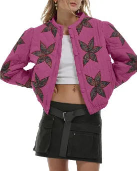 Locachy Women's Casual Cropped Puffer Jacket Lightweight Flower Embroidery Winter Warm Quilted Jacket Coat with Pockets