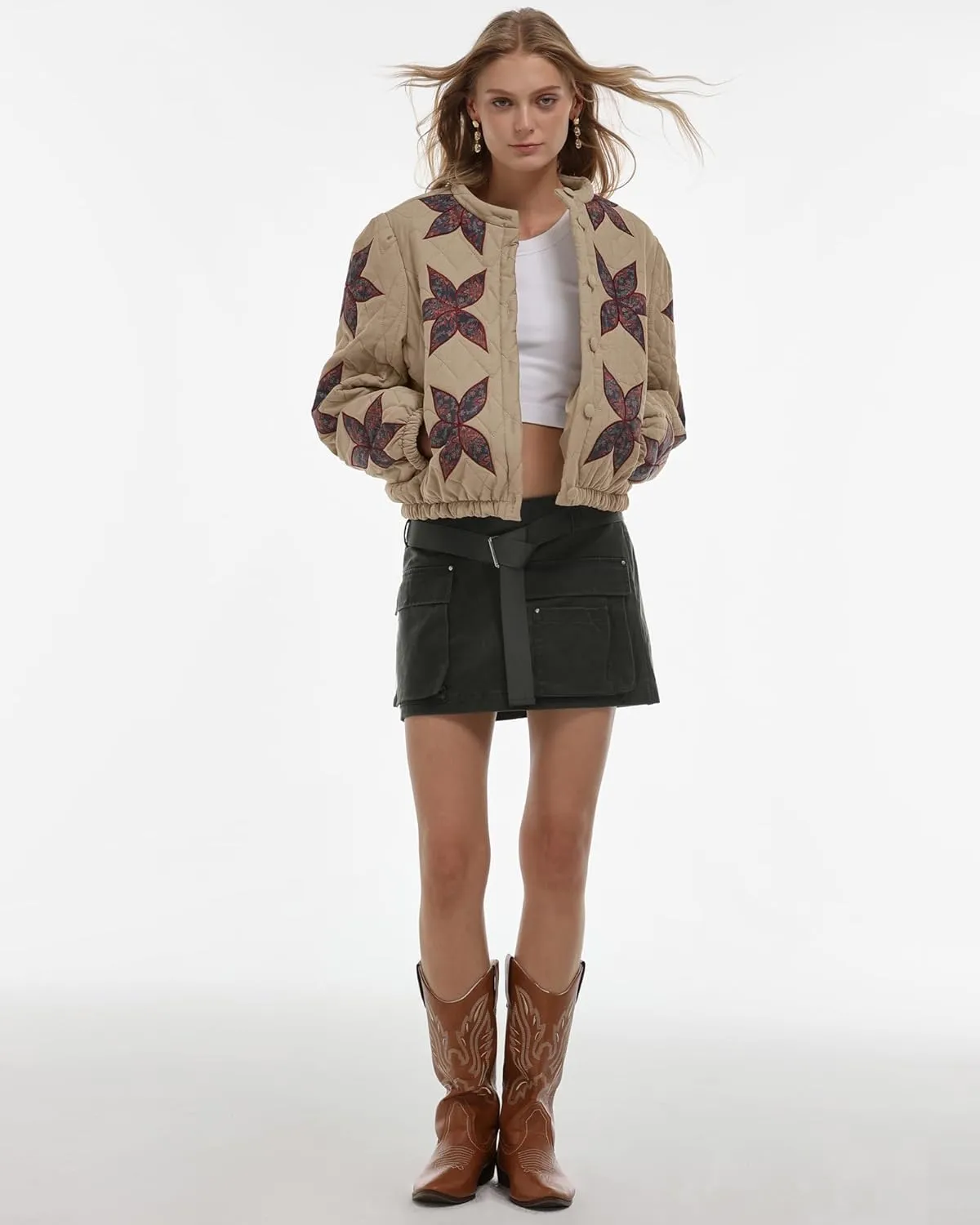 Locachy Women's Casual Cropped Puffer Jacket Lightweight Flower Embroidery Winter Warm Quilted Jacket Coat with Pockets