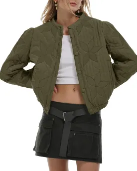 Locachy Women's Casual Cropped Puffer Jacket Lightweight Flower Embroidery Winter Warm Quilted Jacket Coat with Pockets