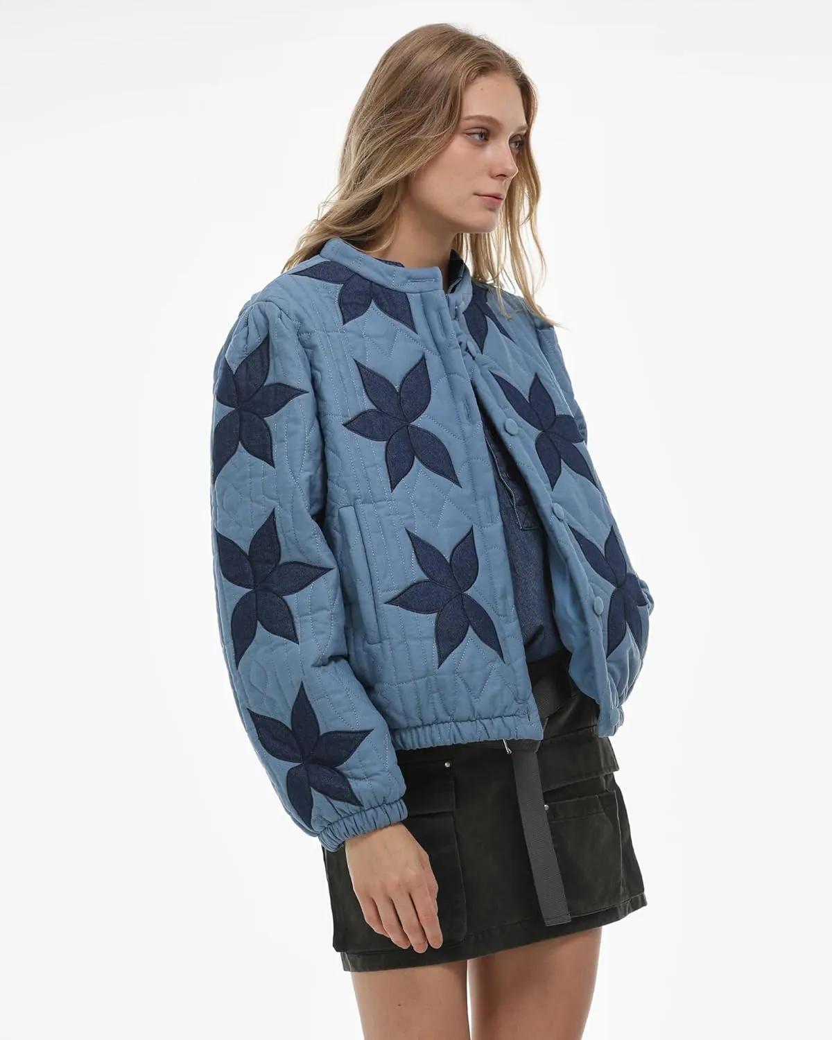 Locachy Women's Casual Cropped Puffer Jacket Lightweight Flower Embroidery Winter Warm Quilted Jacket Coat with Pockets