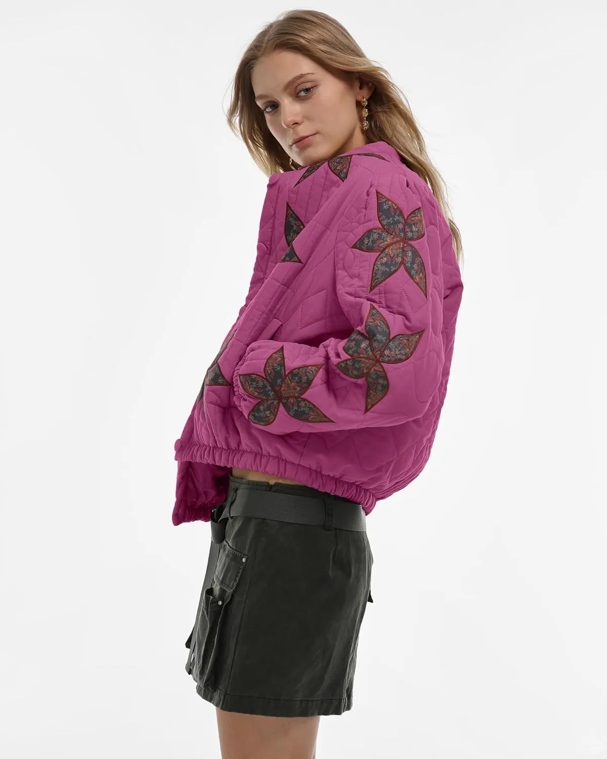Locachy Women's Casual Cropped Puffer Jacket Lightweight Flower Embroidery Winter Warm Quilted Jacket Coat with Pockets