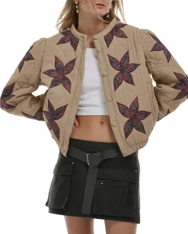 Locachy Women's Casual Cropped Puffer Jacket Lightweight Flower Embroidery Winter Warm Quilted Jacket Coat with Pockets