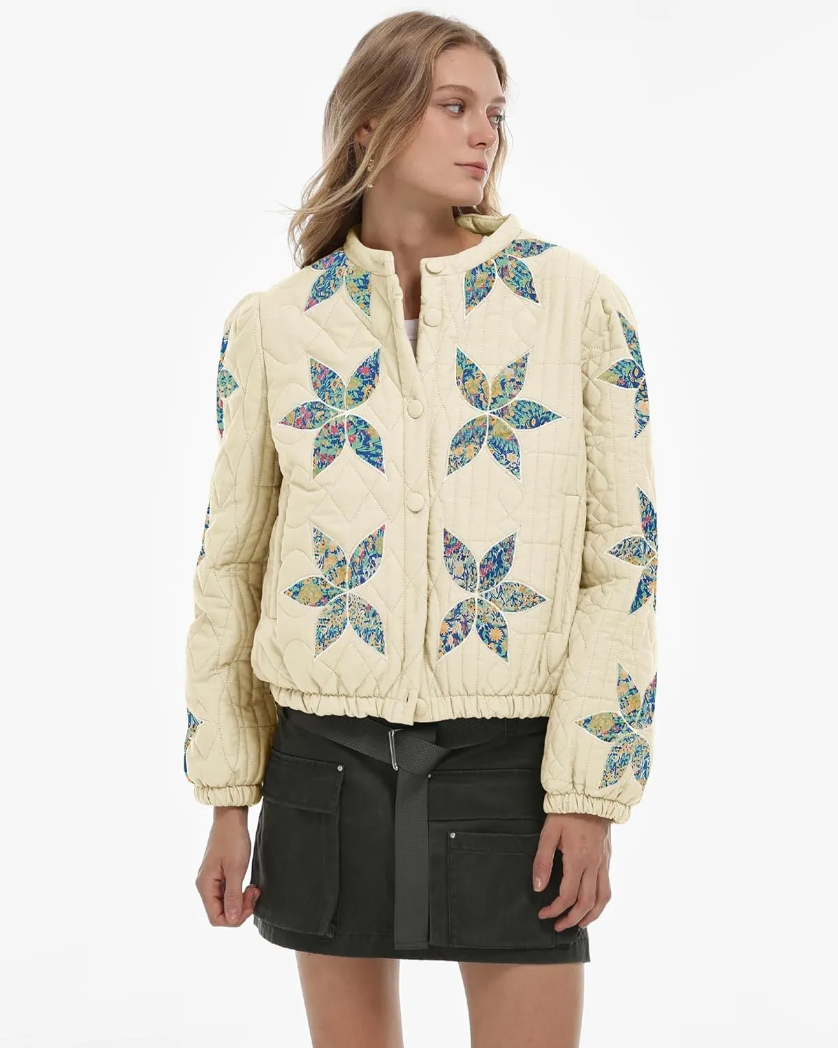 Locachy Women's Casual Cropped Puffer Jacket Lightweight Flower Embroidery Winter Warm Quilted Jacket Coat with Pockets