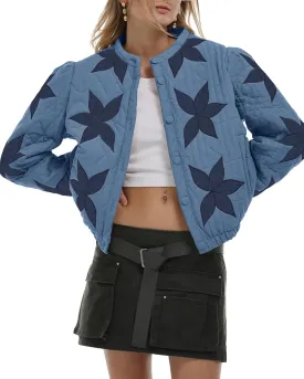 Locachy Women's Casual Cropped Puffer Jacket Lightweight Flower Embroidery Winter Warm Quilted Jacket Coat with Pockets