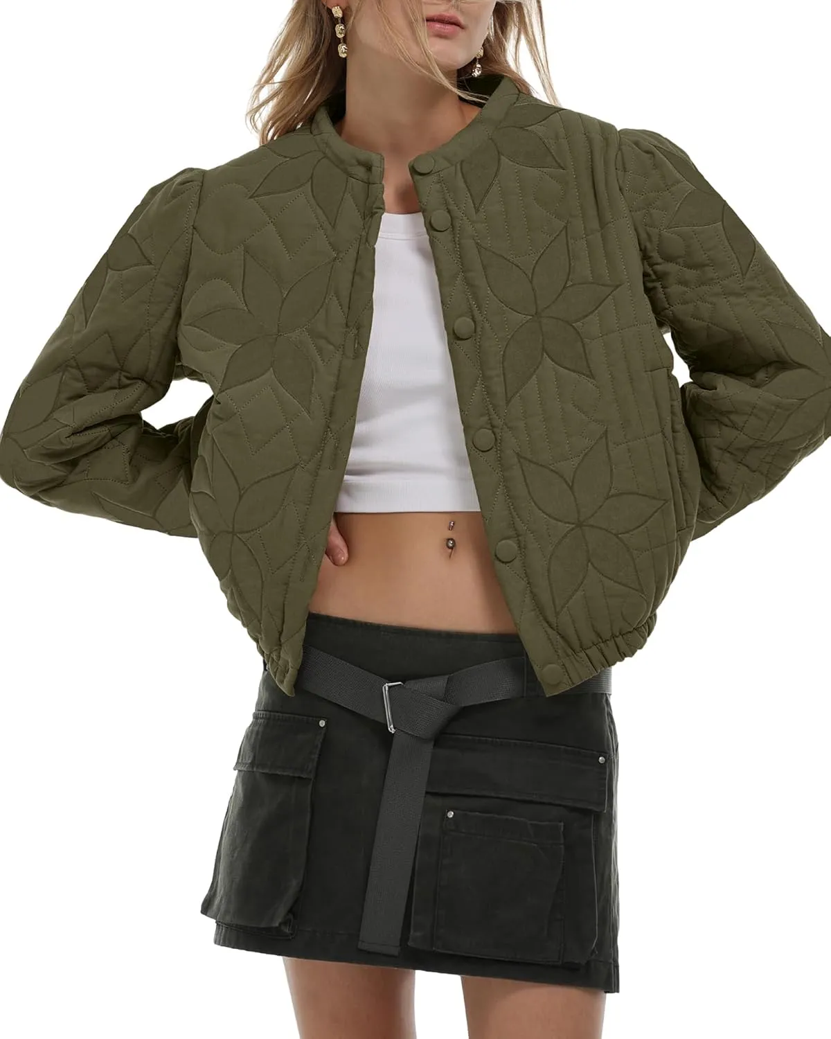 Locachy Women's Casual Cropped Puffer Jacket Lightweight Flower Embroidery Winter Warm Quilted Jacket Coat with Pockets