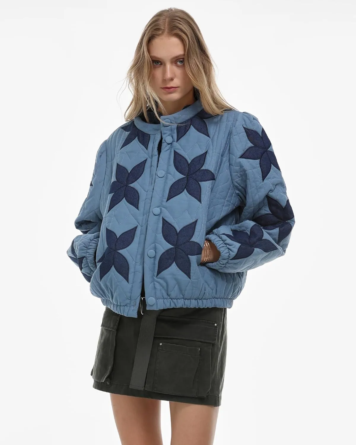 Locachy Women's Casual Cropped Puffer Jacket Lightweight Flower Embroidery Winter Warm Quilted Jacket Coat with Pockets