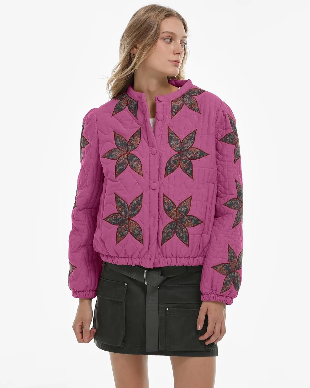 Locachy Women's Casual Cropped Puffer Jacket Lightweight Flower Embroidery Winter Warm Quilted Jacket Coat with Pockets
