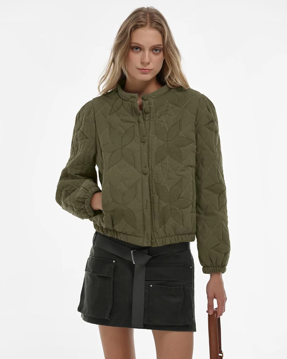 Locachy Women's Casual Cropped Puffer Jacket Lightweight Flower Embroidery Winter Warm Quilted Jacket Coat with Pockets