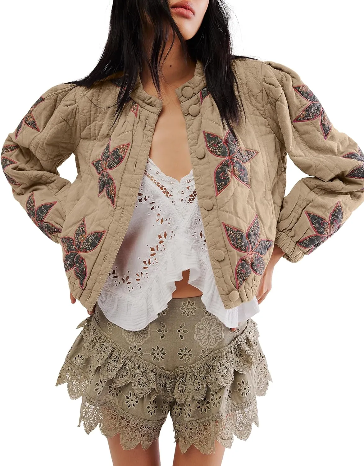 Locachy Women's Casual Cropped Puffer Jacket Lightweight Flower Embroidery Winter Warm Quilted Jacket Coat with Pockets