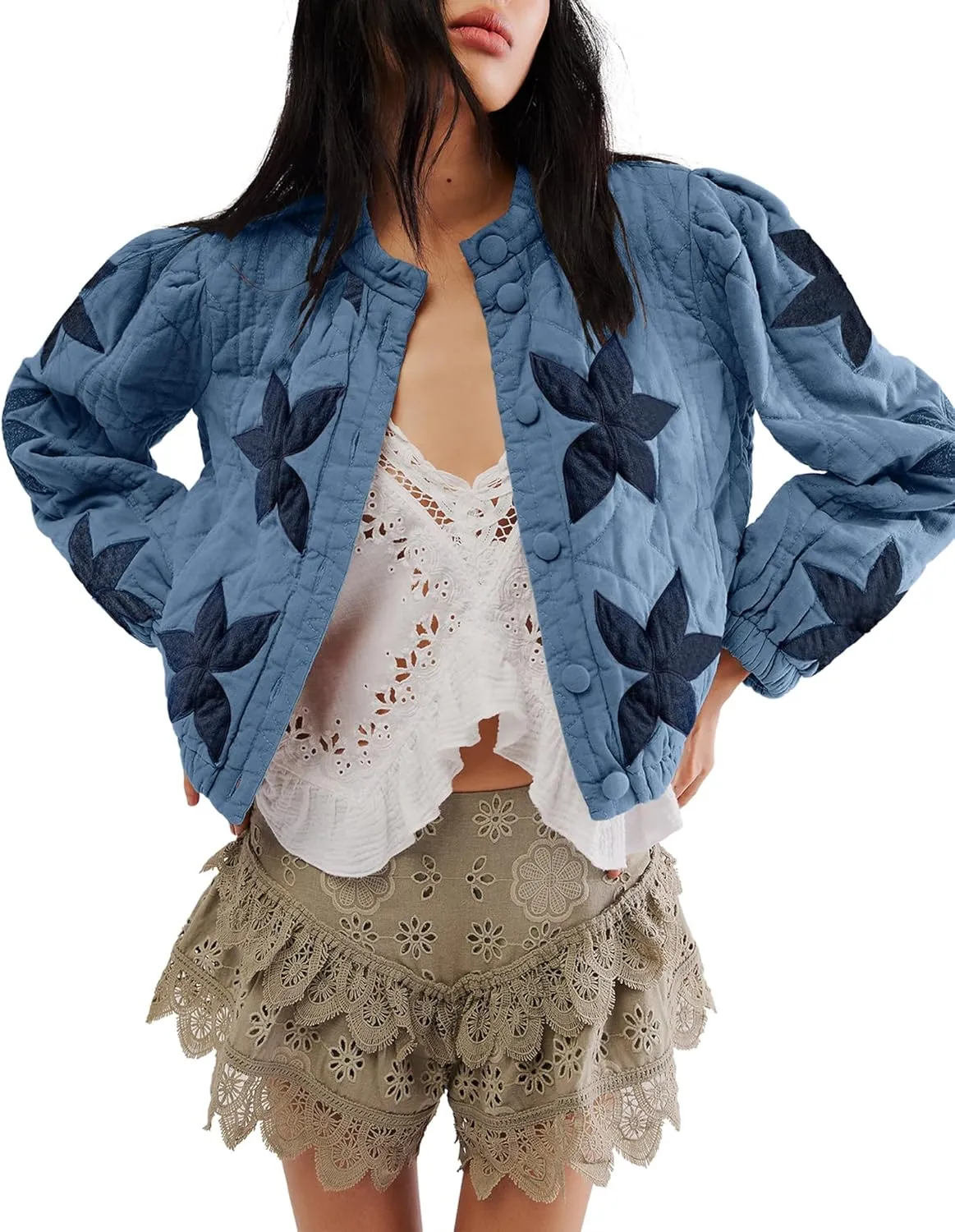 Locachy Women's Casual Cropped Puffer Jacket Lightweight Flower Embroidery Winter Warm Quilted Jacket Coat with Pockets