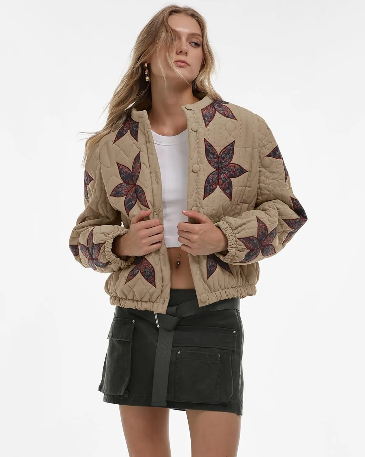 Locachy Women's Casual Cropped Puffer Jacket Lightweight Flower Embroidery Winter Warm Quilted Jacket Coat with Pockets