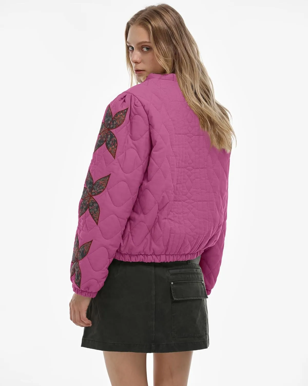Locachy Women's Casual Cropped Puffer Jacket Lightweight Flower Embroidery Winter Warm Quilted Jacket Coat with Pockets
