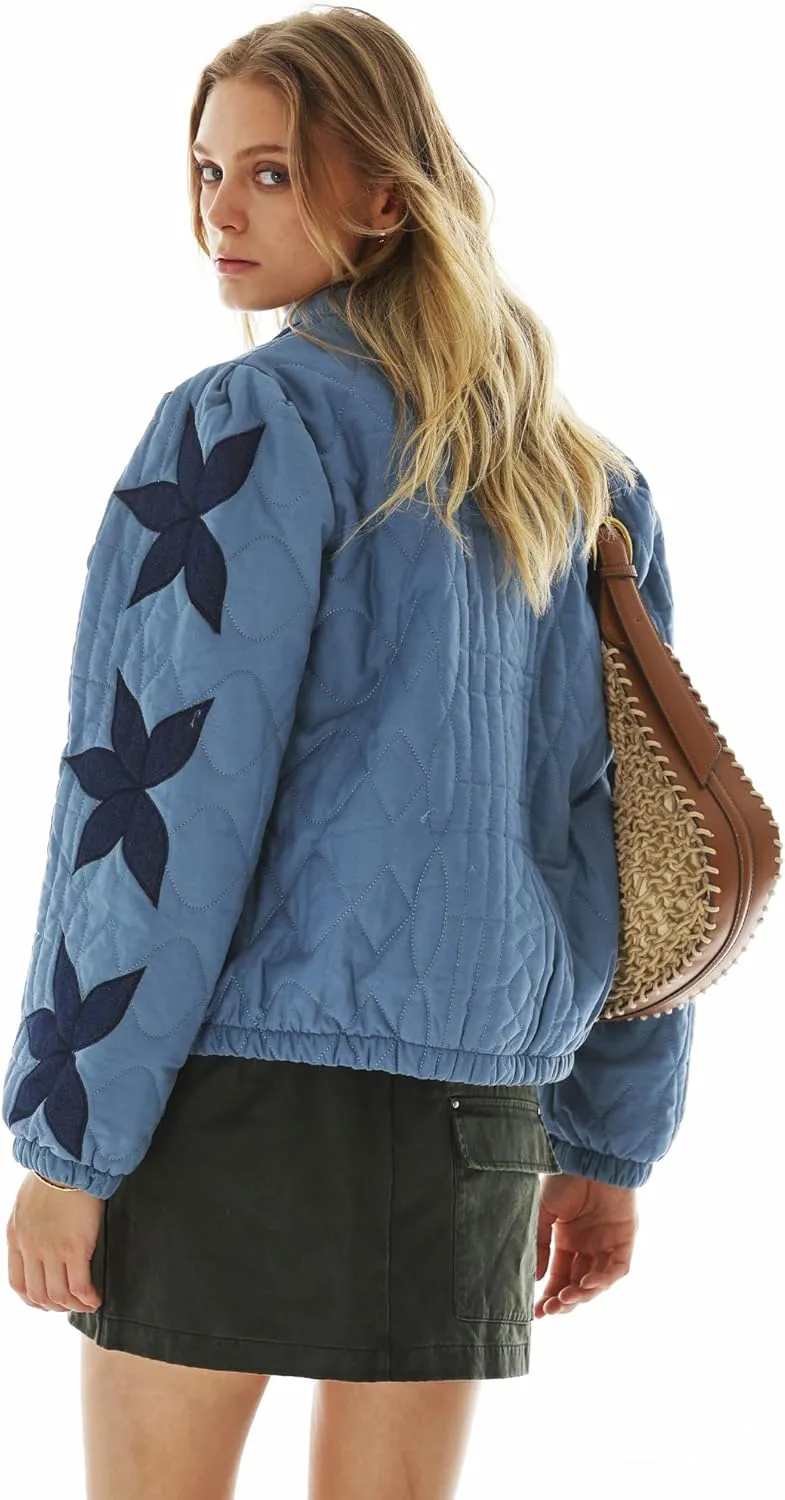 Locachy Women's Casual Cropped Puffer Jacket Lightweight Flower Embroidery Winter Warm Quilted Jacket Coat with Pockets