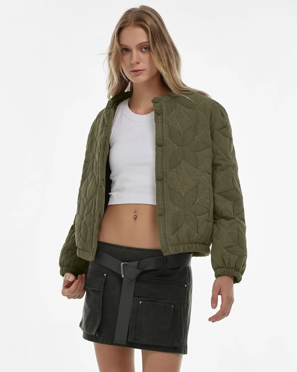 Locachy Women's Casual Cropped Puffer Jacket Lightweight Flower Embroidery Winter Warm Quilted Jacket Coat with Pockets
