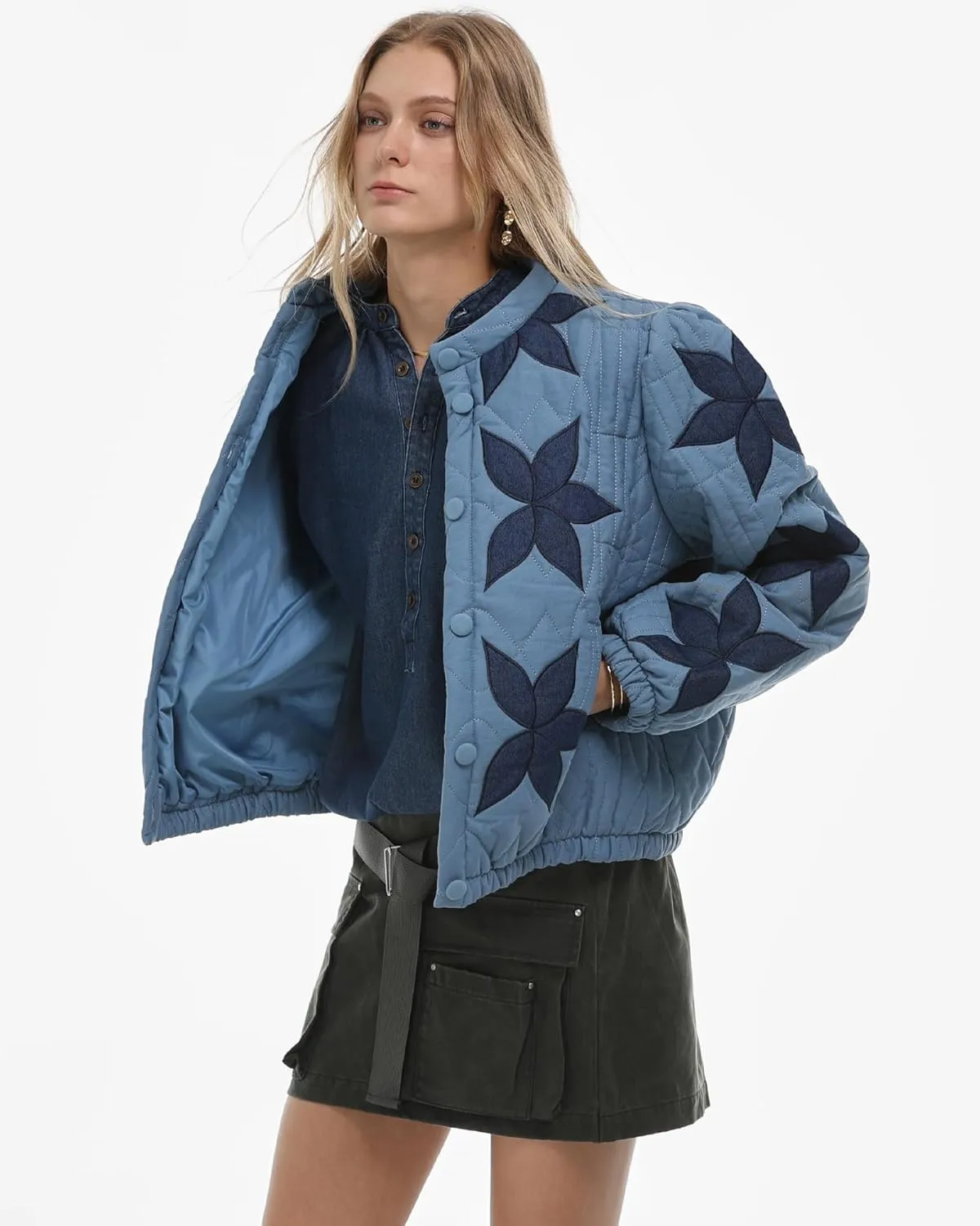 Locachy Women's Casual Cropped Puffer Jacket Lightweight Flower Embroidery Winter Warm Quilted Jacket Coat with Pockets