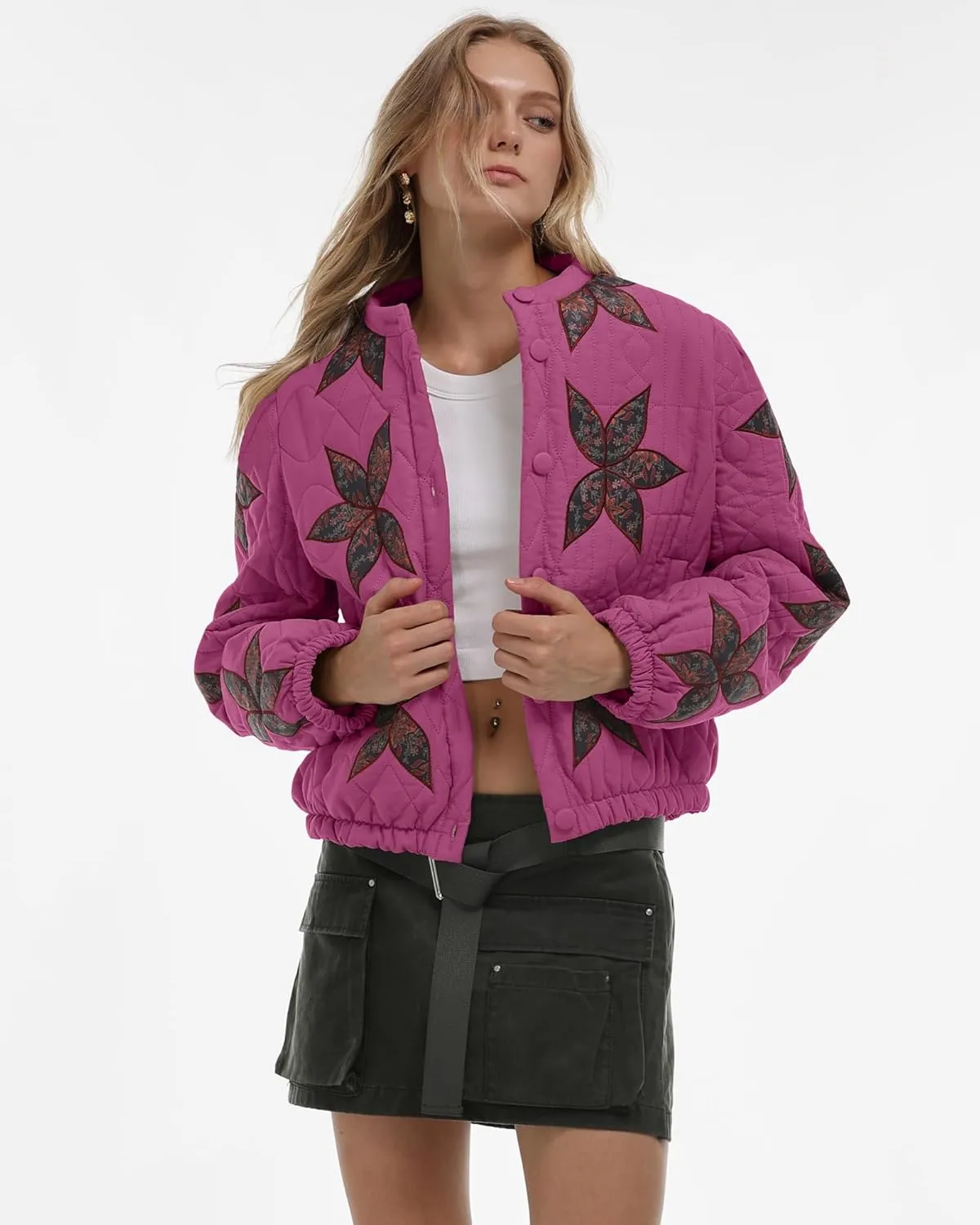 Locachy Women's Casual Cropped Puffer Jacket Lightweight Flower Embroidery Winter Warm Quilted Jacket Coat with Pockets