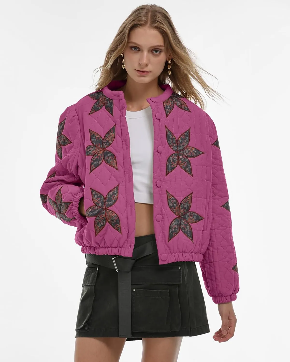 Locachy Women's Casual Cropped Puffer Jacket Lightweight Flower Embroidery Winter Warm Quilted Jacket Coat with Pockets