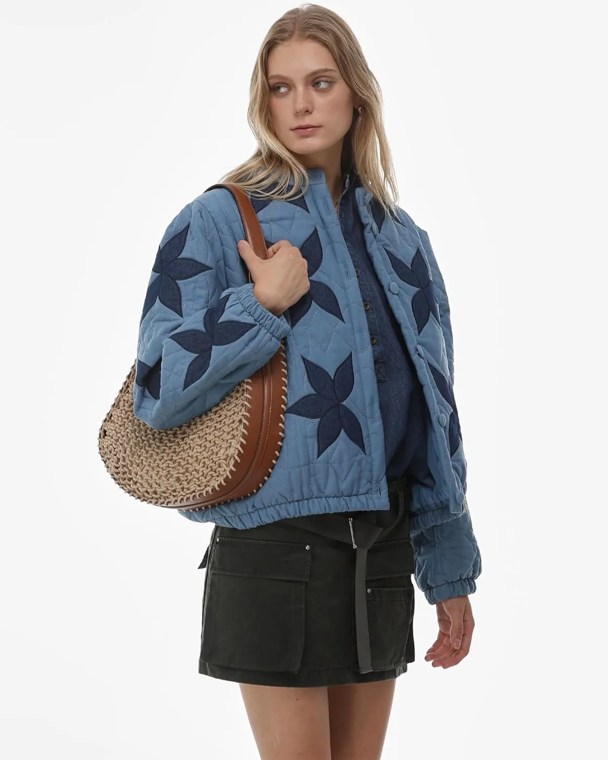 Locachy Women's Casual Cropped Puffer Jacket Lightweight Flower Embroidery Winter Warm Quilted Jacket Coat with Pockets