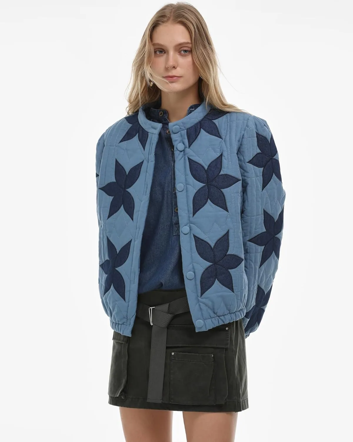 Locachy Women's Casual Cropped Puffer Jacket Lightweight Flower Embroidery Winter Warm Quilted Jacket Coat with Pockets