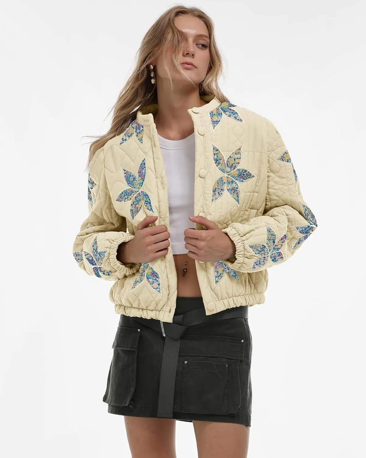 Locachy Women's Casual Cropped Puffer Jacket Lightweight Flower Embroidery Winter Warm Quilted Jacket Coat with Pockets