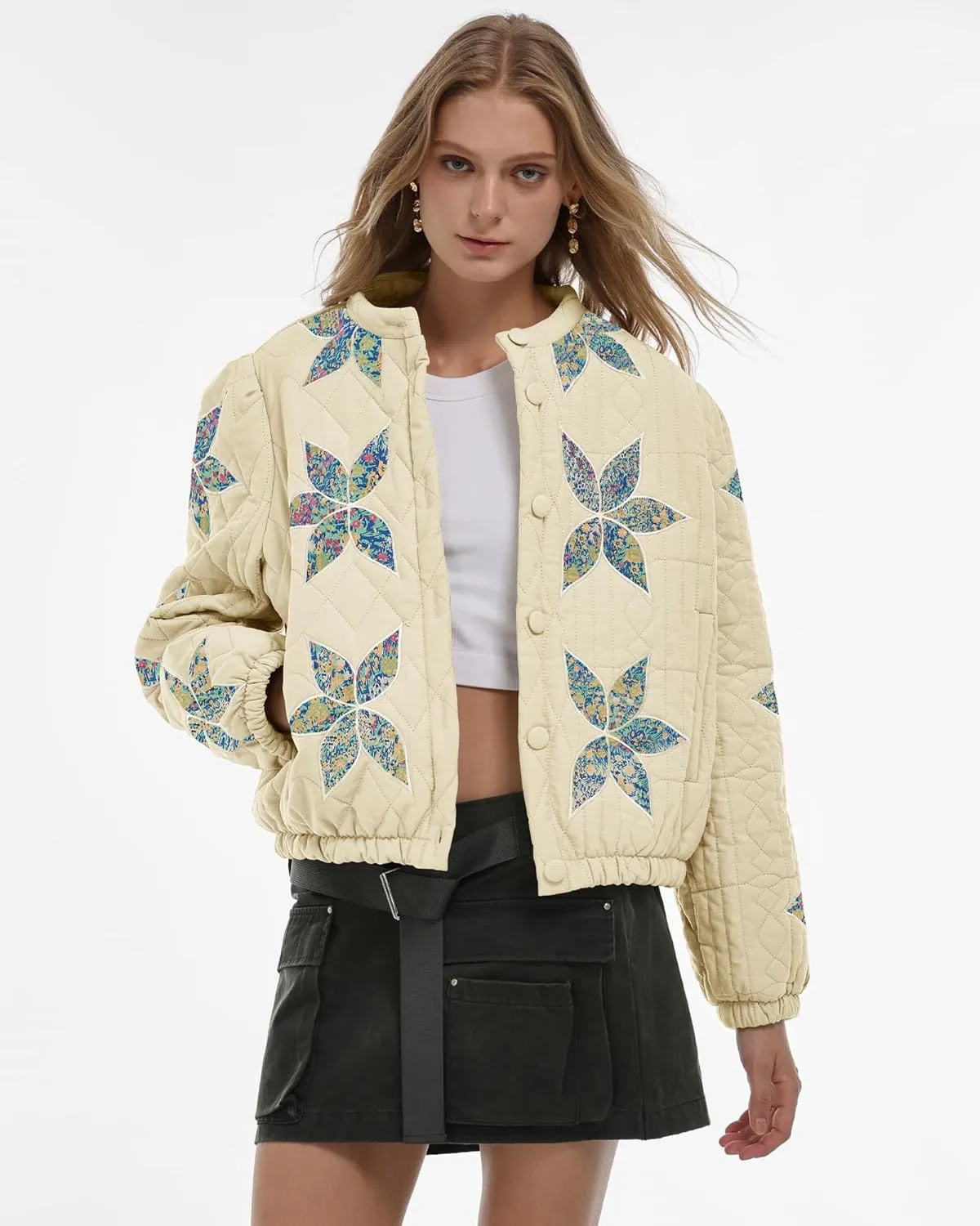 Locachy Women's Casual Cropped Puffer Jacket Lightweight Flower Embroidery Winter Warm Quilted Jacket Coat with Pockets