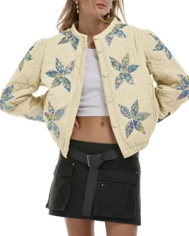 Locachy Women's Casual Cropped Puffer Jacket Lightweight Flower Embroidery Winter Warm Quilted Jacket Coat with Pockets