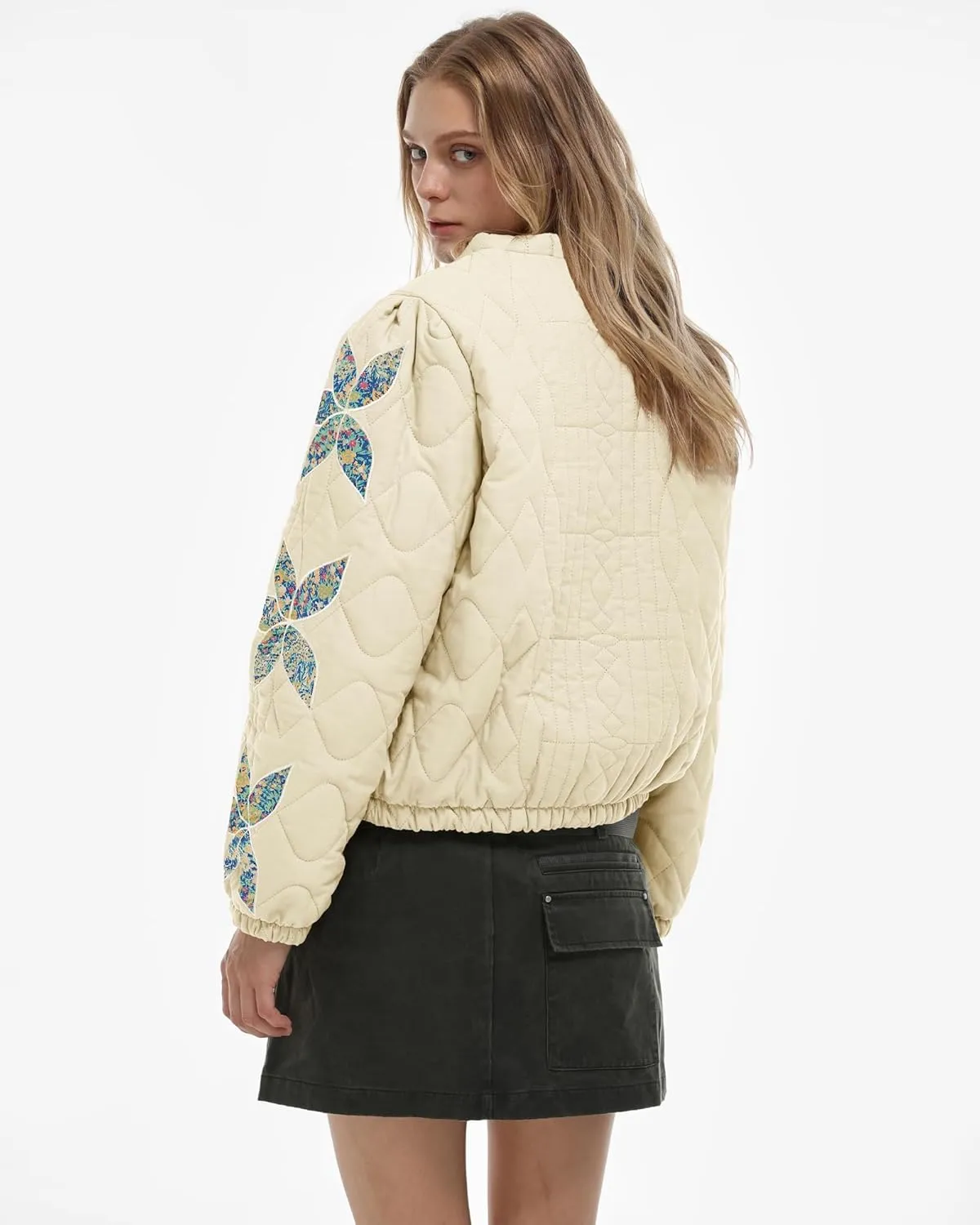 Locachy Women's Casual Cropped Puffer Jacket Lightweight Flower Embroidery Winter Warm Quilted Jacket Coat with Pockets