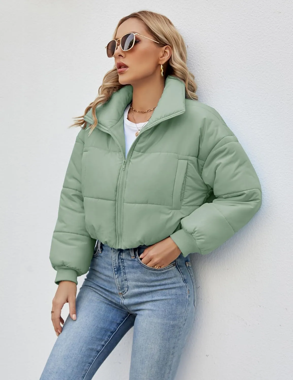 Lumister Womens Lightweight Quilted Jacket Long Sleeve Stand Collar Zipper Cropped Puffer Jacket Coat