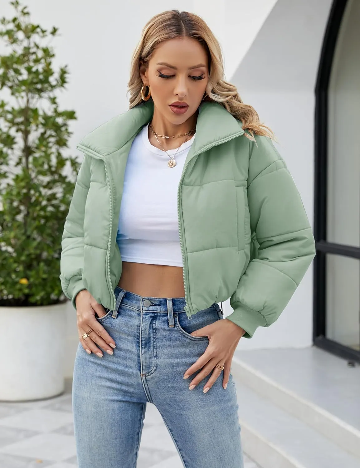 Lumister Womens Lightweight Quilted Jacket Long Sleeve Stand Collar Zipper Cropped Puffer Jacket Coat