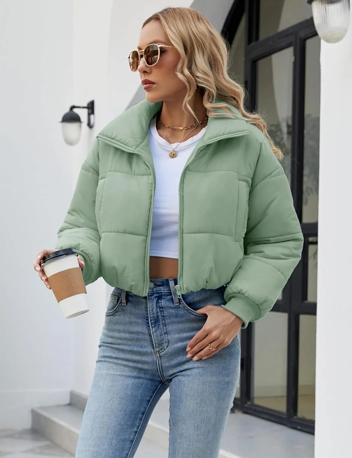 Lumister Womens Lightweight Quilted Jacket Long Sleeve Stand Collar Zipper Cropped Puffer Jacket Coat