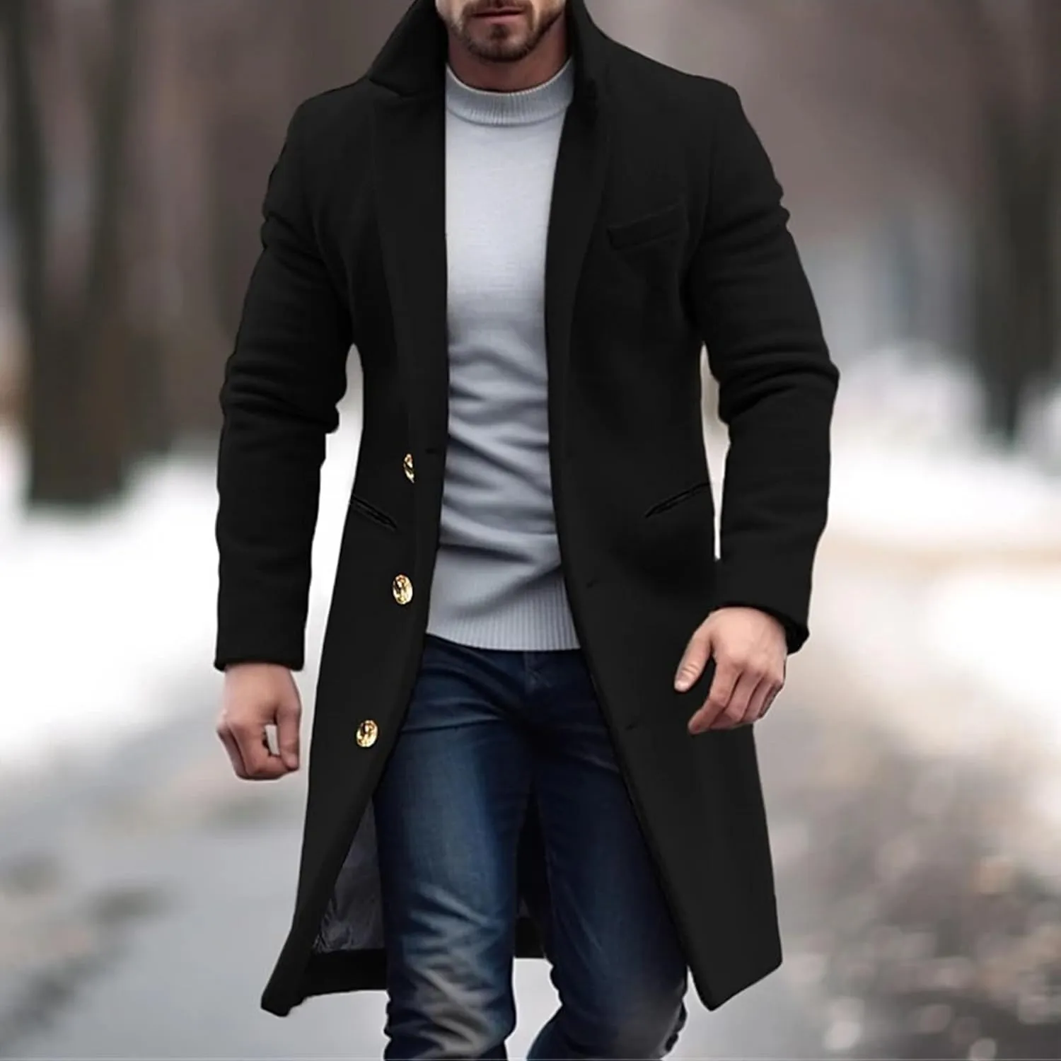 Maiyifu-GJ Mens Wool Blend Double Breasted Overcoat Winter Slim Fit Long Trench Coat Classic Lightweight Business Pea Jacket