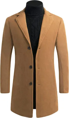Maiyifu-GJ Mens Wool Blend Trench Coat Mid-Length Notched Collar Long Top Pea Coats Business Single Breasted Jacket Overcoat